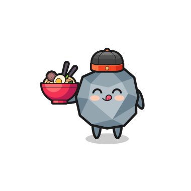 stone as Chinese chef mascot holding a noodle bowl , cute design