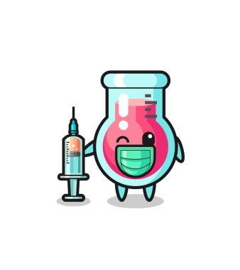 laboratory beaker mascot as vaccinator , cute design