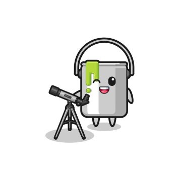paint tin astronomer mascot with a modern telescope , cute design