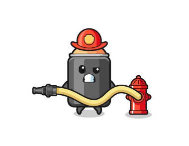 spray paint cartoon as firefighter mascot with water hose , cute design