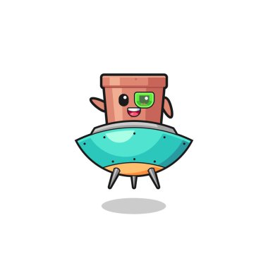 flowerpot cartoon riding a future spaceship , cute design