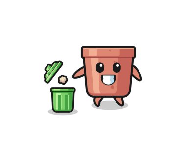 illustration of the flowerpot throwing garbage in the trash can , cute design