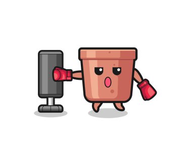 flowerpot boxer cartoon doing training with punching bag , cute design