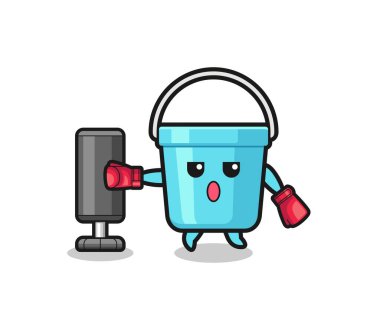 plastic bucket boxer cartoon doing training with punching ba