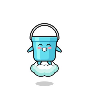 cute plastic bucket illustration riding a floating clou