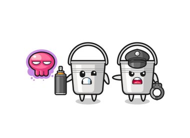 metal bucket cartoon doing vandalism and caught by the police , cute design