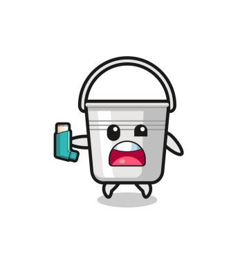 metal bucket mascot having asthma while holding the inhaler , cute design