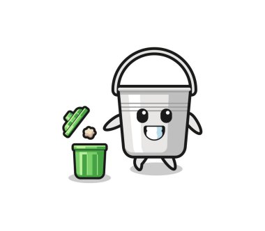 illustration of the metal bucket throwing garbage in the trash can , cute design