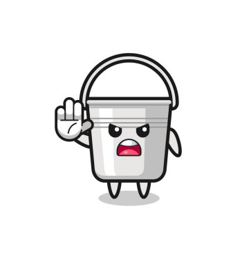 metal bucket character doing stop gesture , cute design