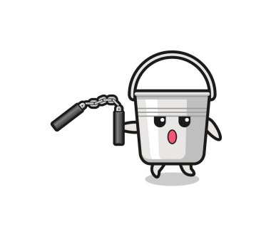 cartoon of metal bucket using nunchaku , cute design