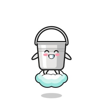 cute metal bucket illustration riding a floating cloud , cute design