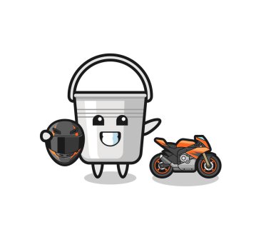 cute metal bucket cartoon as a motorcycle racer , cute design