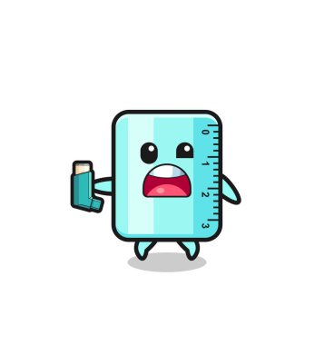 ruler mascot having asthma while holding the inhaler , cute design