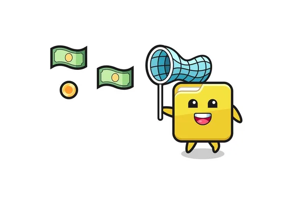 Illustration Folder Catching Flying Money Cute Design — Wektor stockowy