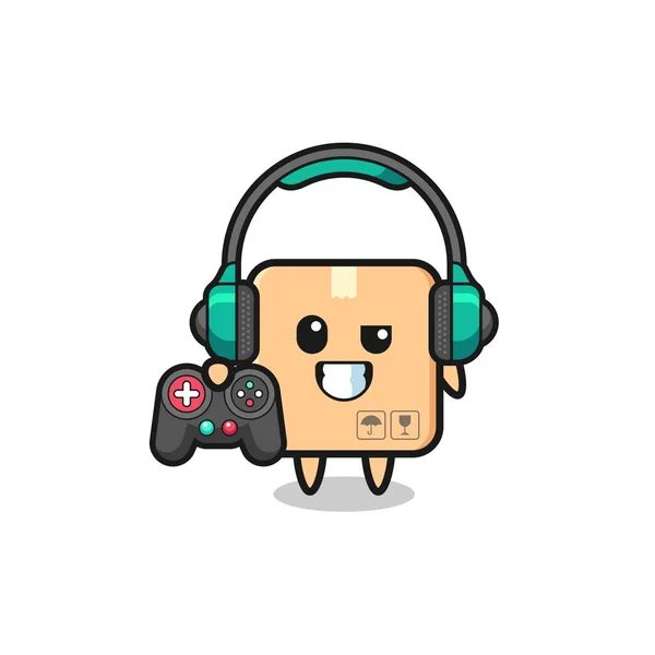Cardboard Box Gamer Mascot Holding Game Controller Cute Design — стоковый вектор