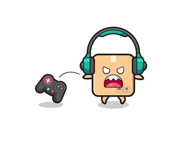 Cardboard Box Gamer Mascot Angry Cute Design — Image vectorielle