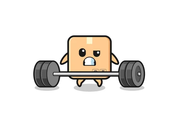 Cartoon Cardboard Box Lifting Barbell Cute Design — Vetor de Stock