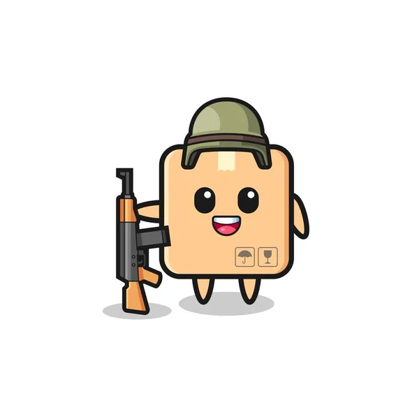 Cute Cardboard Box Mascot Soldier Cute Design — Vetor de Stock