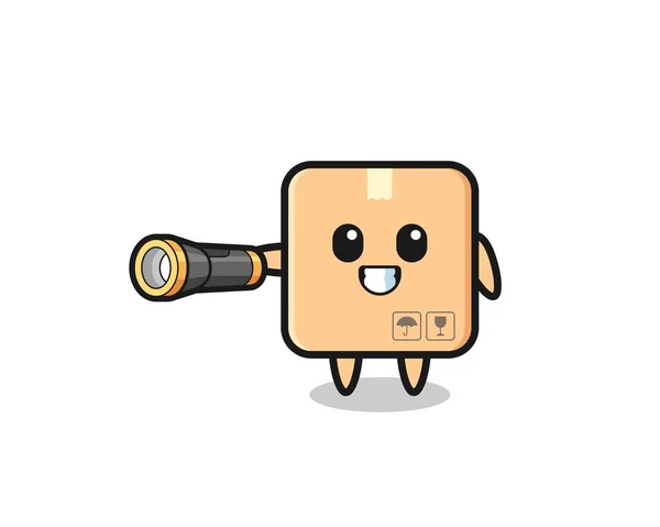 Cardboard Box Mascot Holding Flashlight Cute Design — стоковый вектор