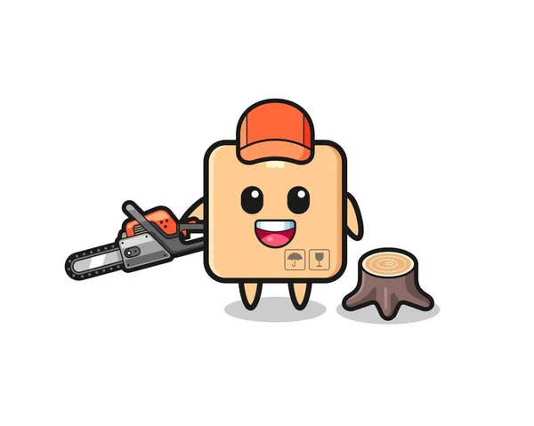 Cardboard Box Lumberjack Character Holding Chainsaw Cute Design — Stock vektor