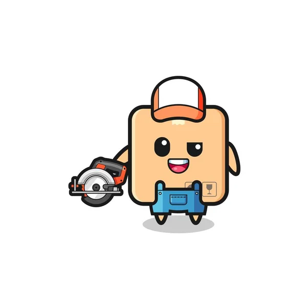 Woodworker Cardboard Box Mascot Holding Circular Saw Cute Design — 图库矢量图片