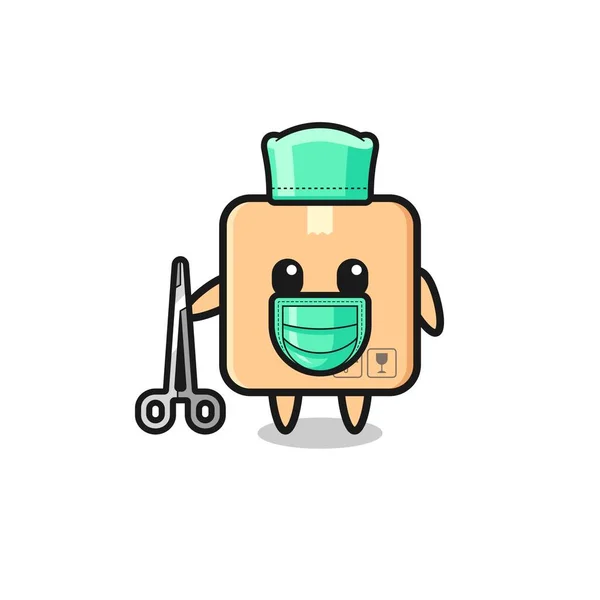 Carácter Mascota Caja Cartón Cirujano Lindo Diseño — Vector de stock