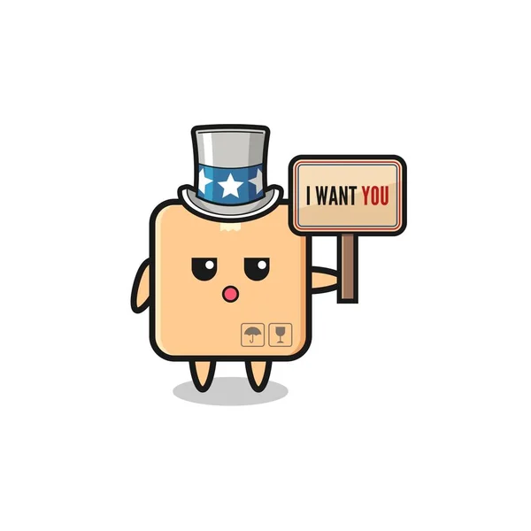 Cardboard Box Cartoon Uncle Sam Holding Banner Want You Cute — 스톡 벡터