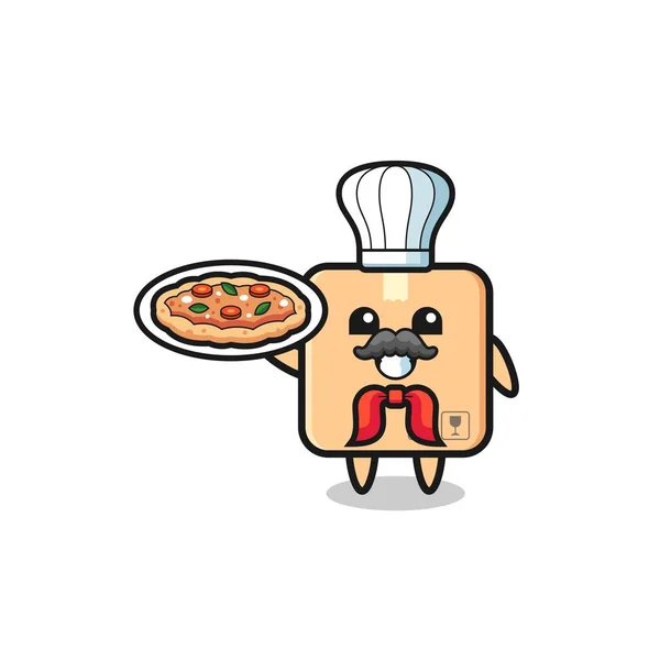 Cardboard Box Character Italian Chef Mascot Cute Design — Stock Vector