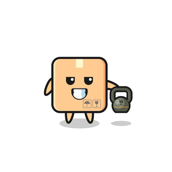 Cardboard Box Mascot Lifting Kettlebell Gym Cute Design — Image vectorielle