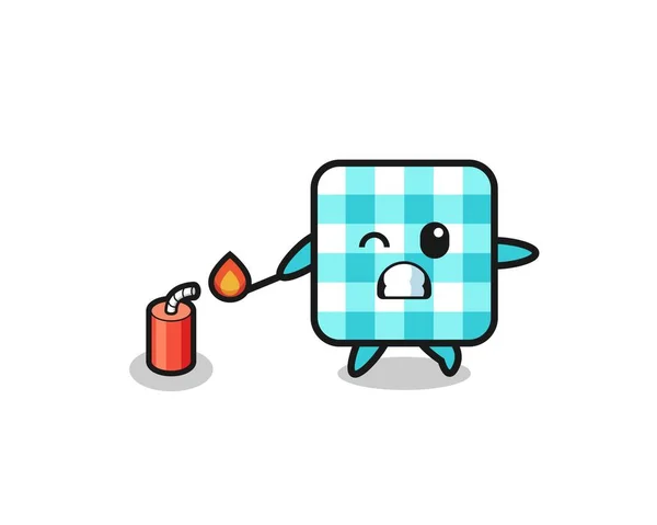 Checkered Tablecloth Mascot Illustration Playing Firecracker Cute Design — стоковый вектор