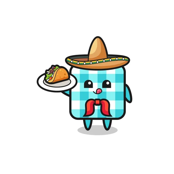 Checkered Tablecloth Mexican Chef Mascot Holding Taco Cute Design — Stock vektor