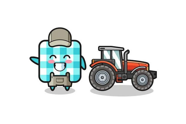 Checkered Tablecloth Farmer Mascot Standing Tractor Cute Design — Stockvektor