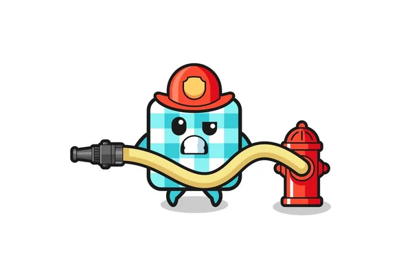 Checkered Tablecloth Cartoon Firefighter Mascot Water Hose Cute Design — Stock vektor