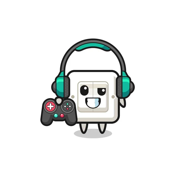 Light Switch Gamer Mascot Holding Game Controller Cute Design — Vetor de Stock