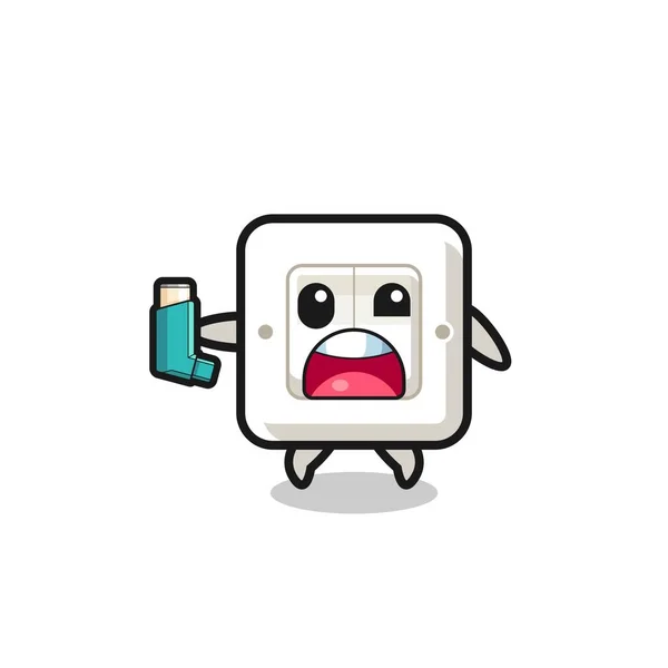 Light Switch Mascot Having Asthma While Holding Inhaler Cute Design — Vetor de Stock