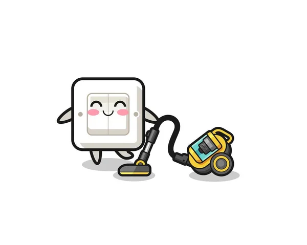 Cute Light Switch Holding Vacuum Cleaner Illustration Cute Design — Vetor de Stock
