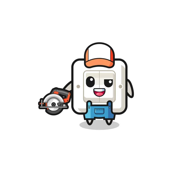 Woodworker Light Switch Mascot Holding Circular Saw Cute Design — 图库矢量图片