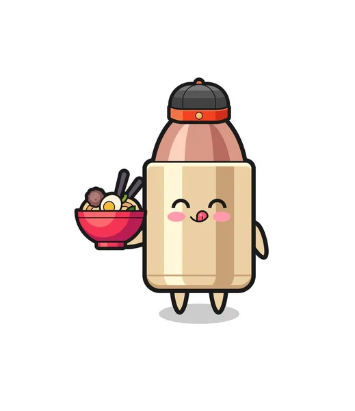 Bullet Chinese Chef Mascot Holding Noodle Bowl Cute Design — Vetor de Stock