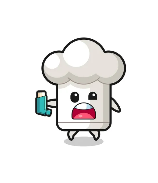 Chef Hat Mascot Having Asthma While Holding Inhaler Cute Design — Wektor stockowy