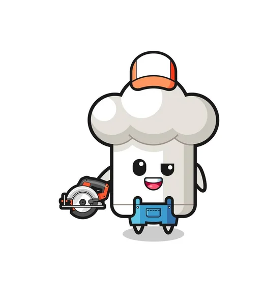 Woodworker Chef Hat Mascot Holding Circular Saw Cute Design — Vector de stock