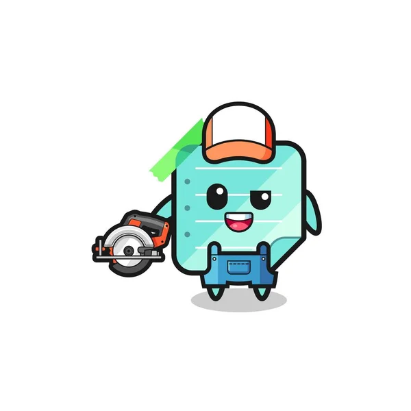 Woodworker Blue Sticky Notes Mascot Holding Circular Saw Cute Design — Stockvector