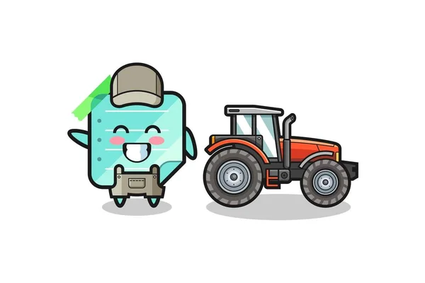 Blue Sticky Notes Farmer Mascot Standing Tractor Cute Design — Vetor de Stock