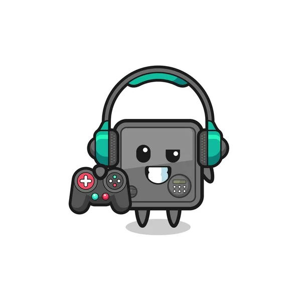 Safe Box Gamer Mascot Holding Game Controller Cute Design — Wektor stockowy