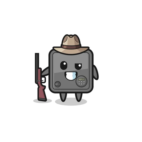 Safe Box Hunter Mascot Holding Gun Cute Design — Stock Vector