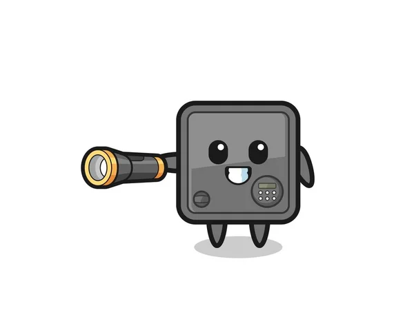 Safe Box Mascot Holding Flashlight Cute Design — Vettoriale Stock