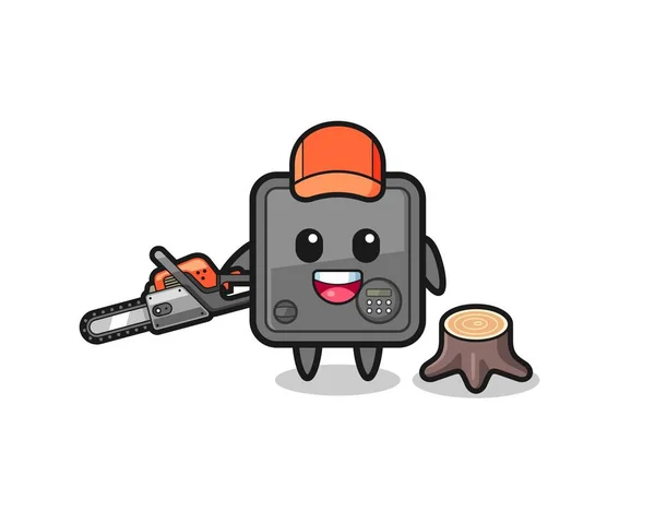 Safe Box Lumberjack Character Holding Chainsaw Cute Design — Stock Vector