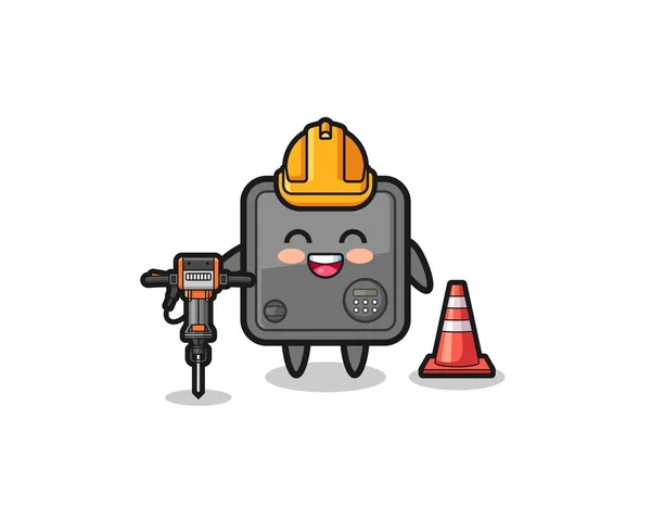 Road Worker Mascot Safe Box Holding Drill Machine Cute Design — Vector de stock