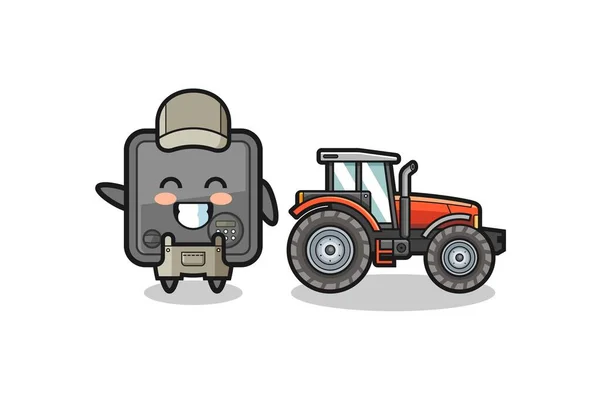 トラクターの横に立つ安全な箱農家のマスコットかわいいデザイン — ストックベクタ