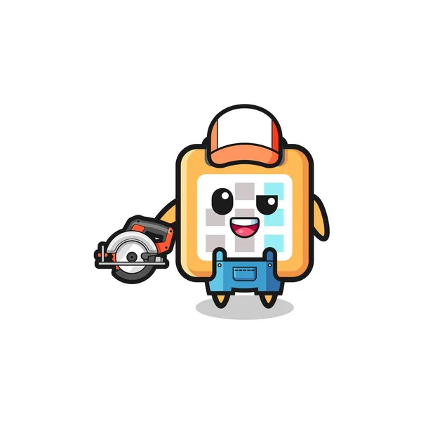 Woodworker Calendar Mascot Holding Circular Saw Cute Design — 图库矢量图片
