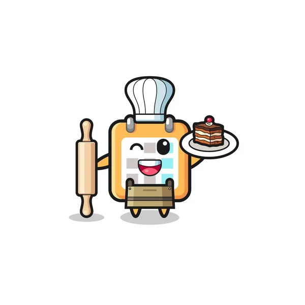Calendar Pastry Chef Mascot Hold Rolling Pin Cute Design — стоковый вектор